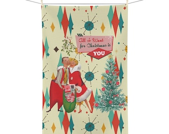 1950s Retro Kitsch Christmas Card Art Soft Tea Towel, Franciscan Diamond Starburst Kitchen Linen