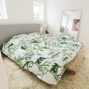 Chinoiserie Duvet Cover, Floral Green and White Chinoiserie Jungle, Queen, King, Twin, XL Bedding, Botanical Toile Bedding Collection