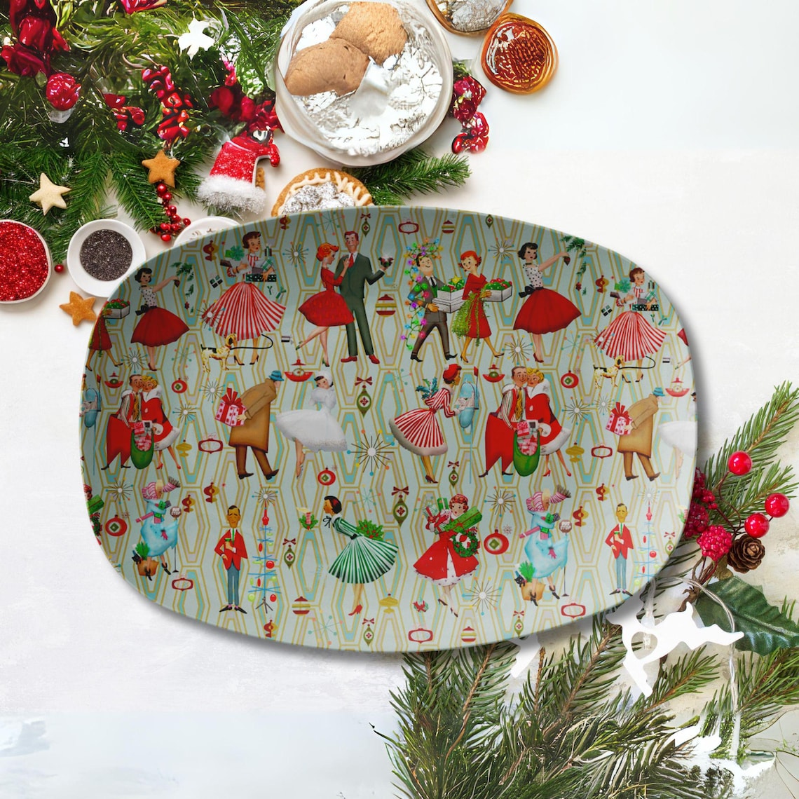 1950s Retro Vintage Christmas Platter, Mid Century Modern Retro Green ...