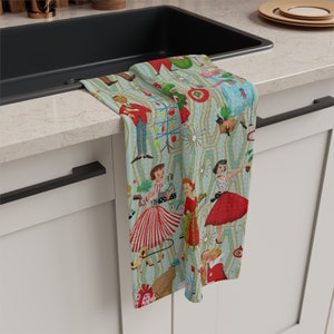 50s Retro Vintage Christmas Tea Towel, Mid Century Modern Retro Green, Red, Women, Ladies, Housewives Kitchen Towel, Chef Gift - 132782823