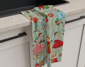 50s Retro Vintage Christmas Tea Towel, Mid Century Modern Retro Green, Red, Women, Ladies, Housewives Kitchen Towel, Chef Gift - 132782823