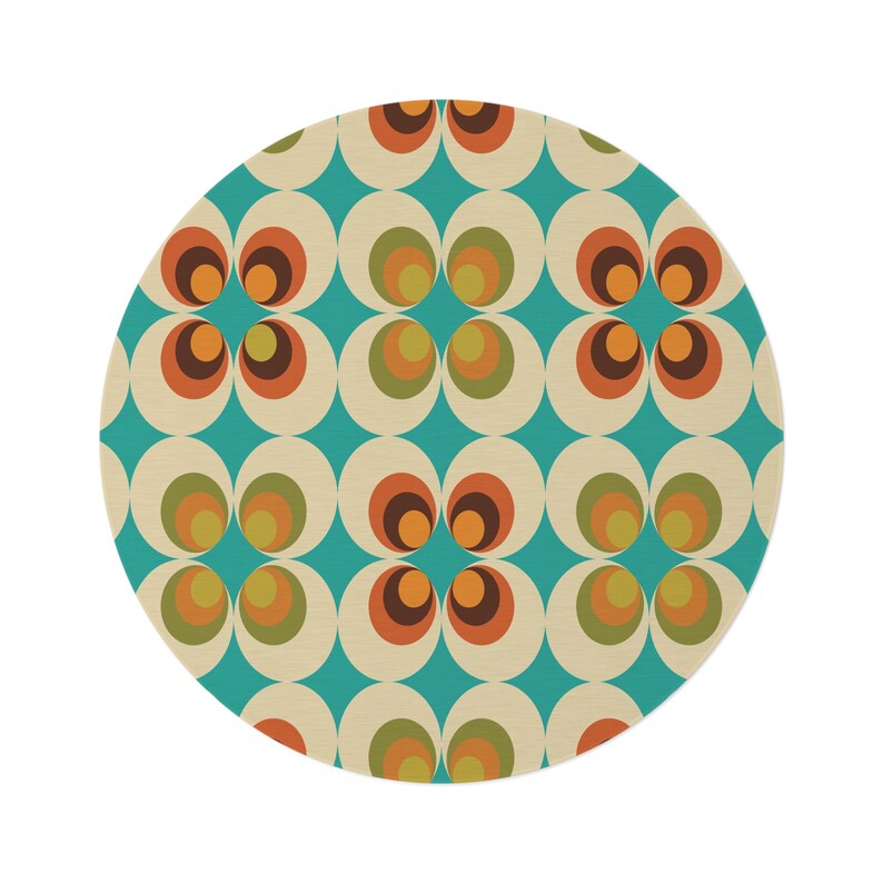 70s Retro Mid Mod Daisy Round Rug, Living Room, Mid Century Modern Flower Power Bedroom Accent Rug, MCM Home Decor, Bedroom Aesthetic image 2