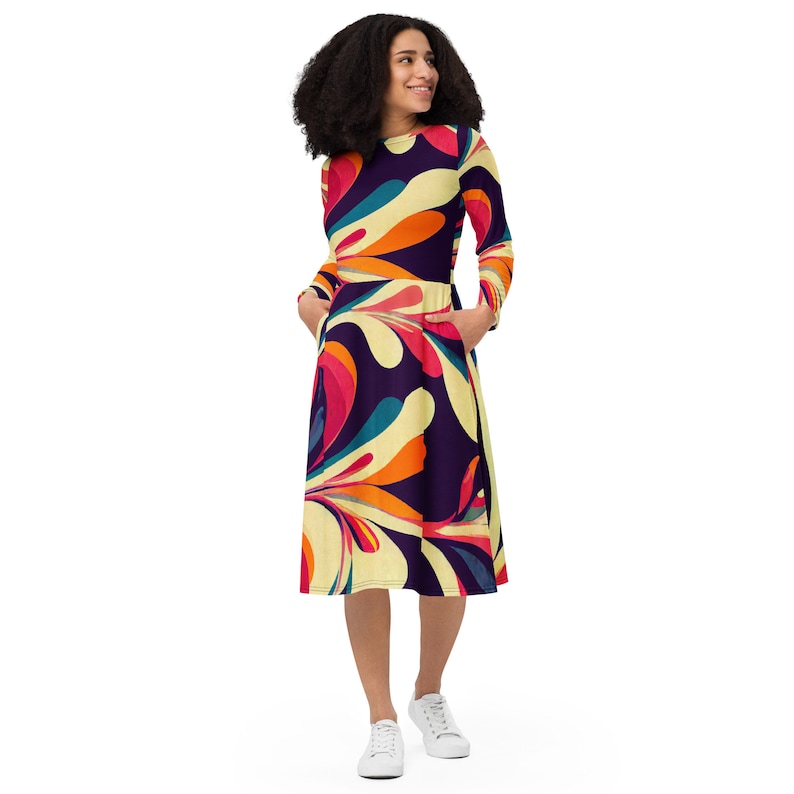 Vintage Style Dresses | Vintage Inspired Dresses     Mid Century Modern Psychedelic Retro Long Sleeve Midi Dress Groovy 70s Boho Bohemian Style Floral Printed Dress - 132182823  AT vintagedancer.com