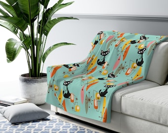 Retro Kitschy Cat Sherpa Fleece Blanket, Mid Century Modern Franciscan Diamond Starburst Throw Blanket, MCM Living Room, Bedroom Decor