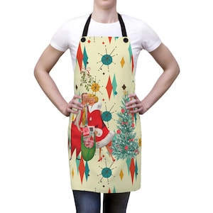 レトロ ヴィンテージ 50 年代 キッチュ クリスマス カード アート エプロン、フランシスコ会 ダイヤモンド スターバースト、ミッドセンチュリー モダン ホリデー クッキングウェア、シェフギフト