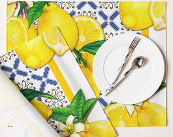 Juego de 4 manteles individuales Lemon and Tiles en azul cobalto y amarillo