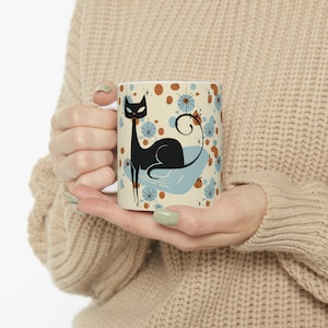 Retro Atomic Cat Mug, Mid Century Modern Kitchenware, MCM Starburst Coffee Cup, Vintage Style Drinkware