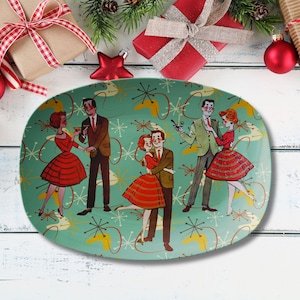 plateau de vacances kitsch vintage, plateau de fête de Noël moderne du milieu du siècle, assiette de service pour couples dansant rétro, décor de vacances MCM des années 50