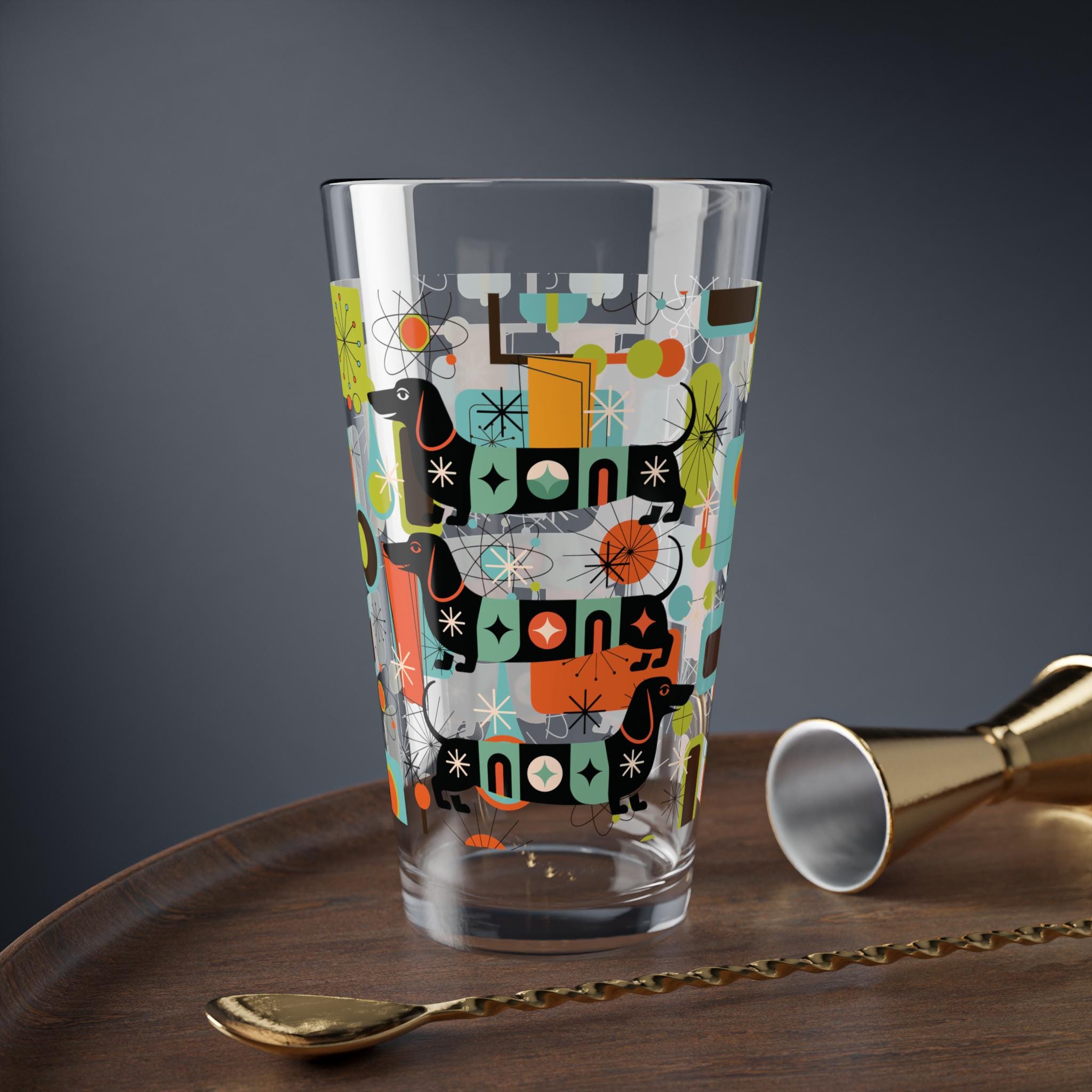 Dachshund Mid Century Modern Pint Glass, Retro MCM Starburst Barware, Atomic Age Sausage Dog Drinkware