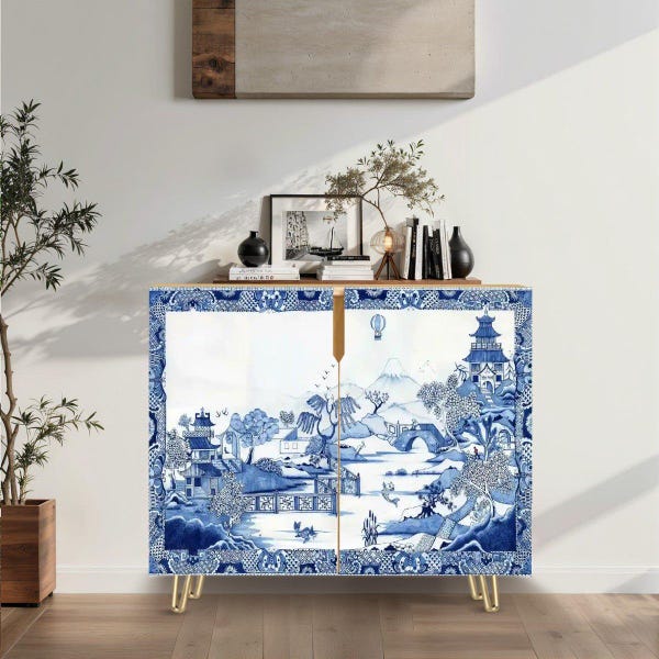 Chinoiserie Blue Willow Storage Cabinet, Vintage Asian Landscape Sideboard, Elegant Entryway Accent Furniture