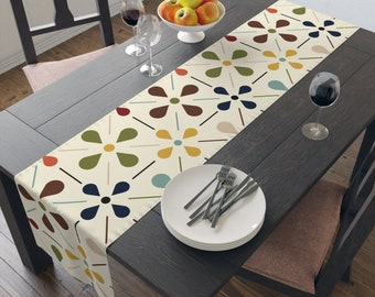 Mid Century Modern 1950s Retro Floral Table Runner, Minimalist MCM Cream, Olive, Mustard, Brown Table Linens