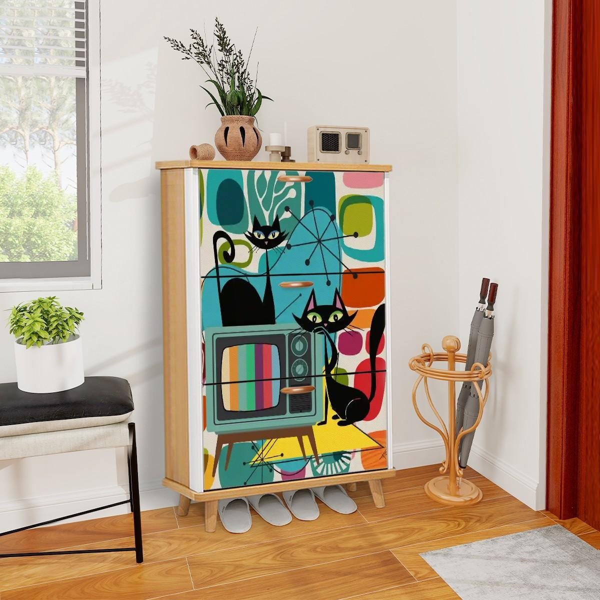Retro TV Atomic Cat 3-Tier Shoe Cabinet, Mid Century Modern Amoeba Storage Unit, Vintage MCM Organizer