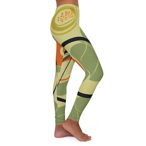 Mid Mod Groovy Hippie Retro Women&#39;s Spandex Leggings, 70s Burnt Orange & Green Yoga Wear