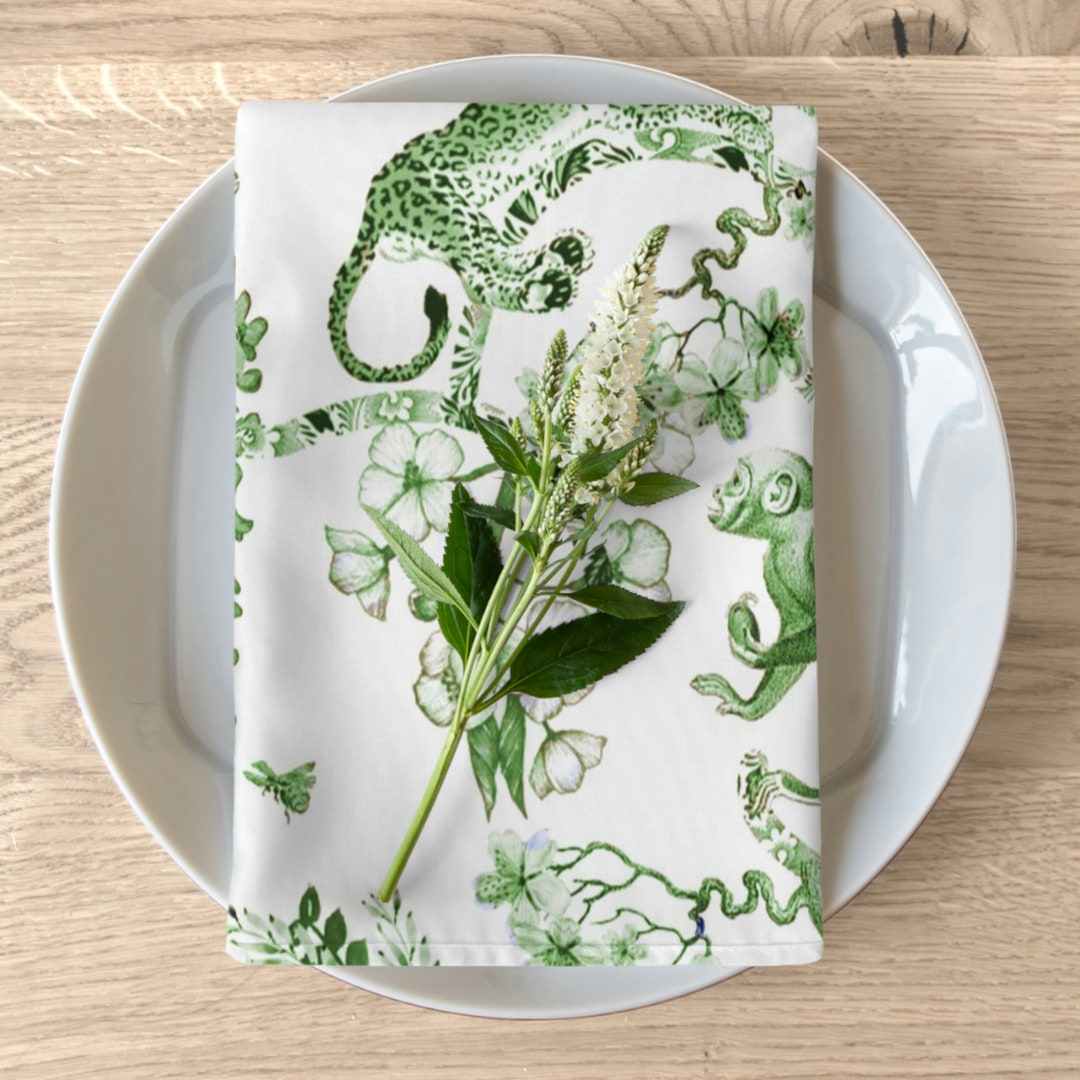 Set of 4 Chinoiserie Cloth Napkins Floral Green White Etsy