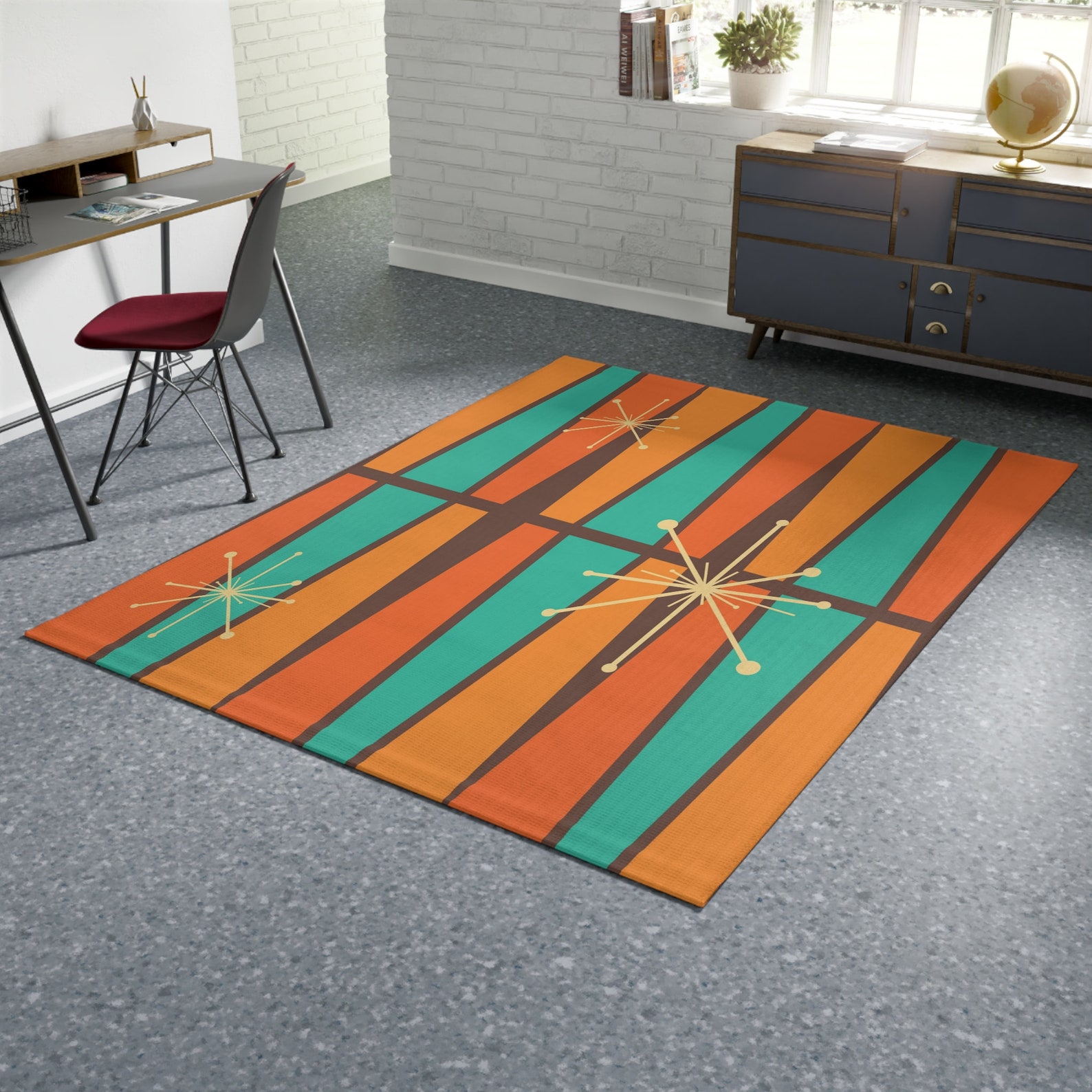 1950s Mid Century Modern Atomic Area Rug, Retro Vintage Burnt Orange ...