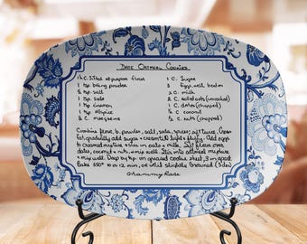 Custom Handwritten Recipe Blue Chinoiserie Platter, Personalized Farmhouse Floral Heirloom Dinnerware, Jacobean Recipe Family Keepsake Tray