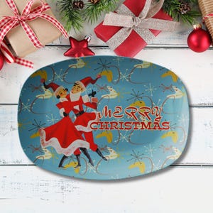 Plateau de Noël kitsch rétro, décoration de vacances moderne du milieu du siècle, plateau de Noël pour couple dansant vintage, assiette de service des fêtes MCM des années 50