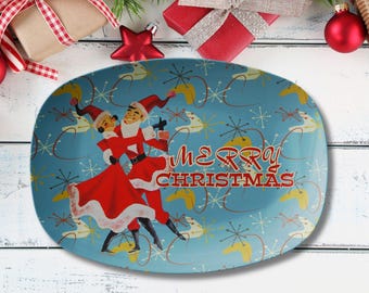 Retro Kitsch Christmas Platter, Mid Century Modern Holiday Decor, Vintage Dancing Couple Christmas Tray, 50s MCM Holiday Serving Plate