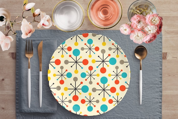 Dinner Plate in Mid Century Modern Fifties Atomic Age Retro Starburst, Orange, Aqua Blue Dinnerware, 10 Inch Thermosaf Oven Safe Dishes Gift