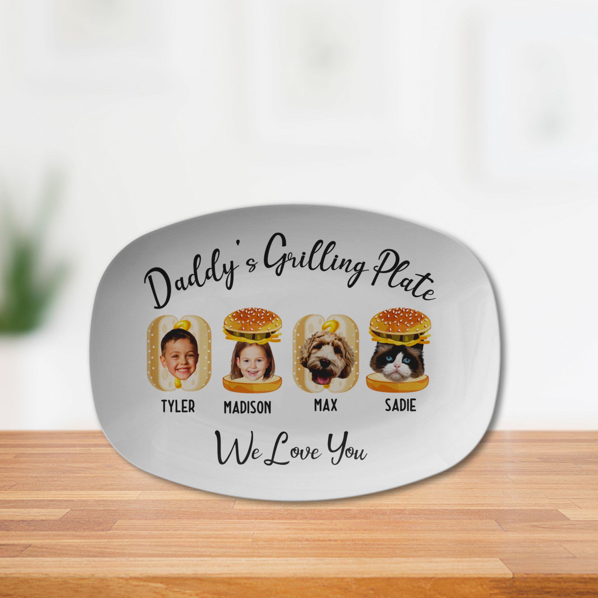Discover Personalized Daddy's Grilling Plate with Kid's Photos and Names on Burger, Hot Dog, Custom Gift for Dad, Grandpa, Memorable Keepsake