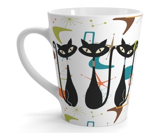 Atomic Cat Mid Century Modern Latte Mug, Retro Coffee Cup, Cat Lover's Mug, MCM Ceramic Drinkware, Retro Kitchen Mug, Atomic Age Kitty Cup