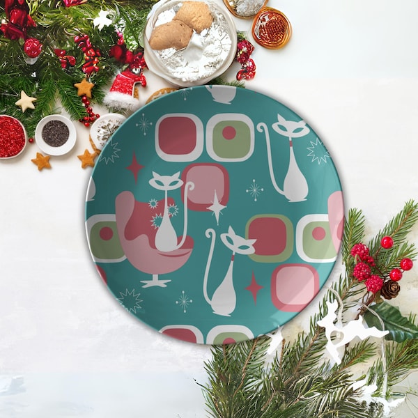 Atomic Cat Christmas Dinner Plates, Retro Festive Tableware, Mid Century Modern Dishes