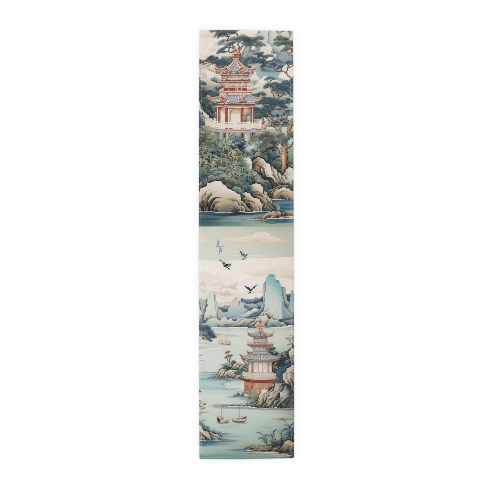 Chinoiserie Pagoda Floral Table Runner, Country Chic Farmhouse Table Linens, Wedding Table Decor, Grandmillenial Kitchen Decor - 11218823 main image 1