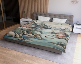 Chinoiserie Duvet Cover, Vintage Oriental Scene Bedding, Pagoda and Birds Elegant Teal Bedroom Decor