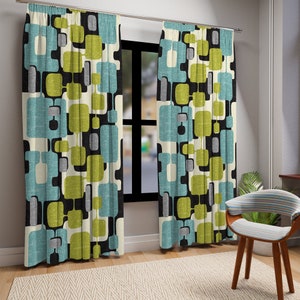 Mid Century Modern Abstract Window Curtains, Retro Teal, Lime Green, Gray, Black MCM Curtain Panels, Vintage Style Geometric Window Decor