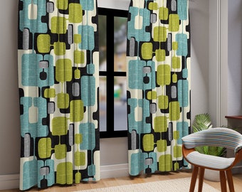 Mid Century Modern Abstract Window Curtains, Retro Teal, Lime Green, Gray, Black MCM Curtain Panels, Vintage Style Geometric Window Decor