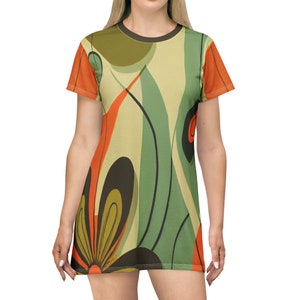 Groovy 60s, 70s MCM Retro Hippie Flower Power T-Shirt Dress, Mid Century Modern Hipster Boho Party Dress - 130182223