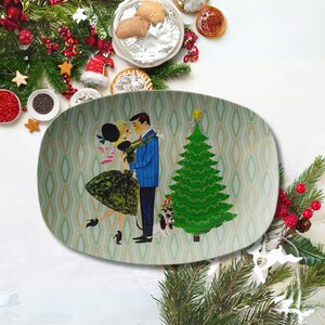 Plateau de couple de Noël kitsch rétro des années 1950, plateau de service de vacances moderne du milieu du siècle, décoration de Noël atomique MCM