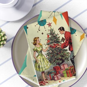 Retro 1950s Kitsch Christmas Set of 4 Cloth Napkins, Mid Century Modern Franciscan Starburst, Vintage Holiday Table Linens