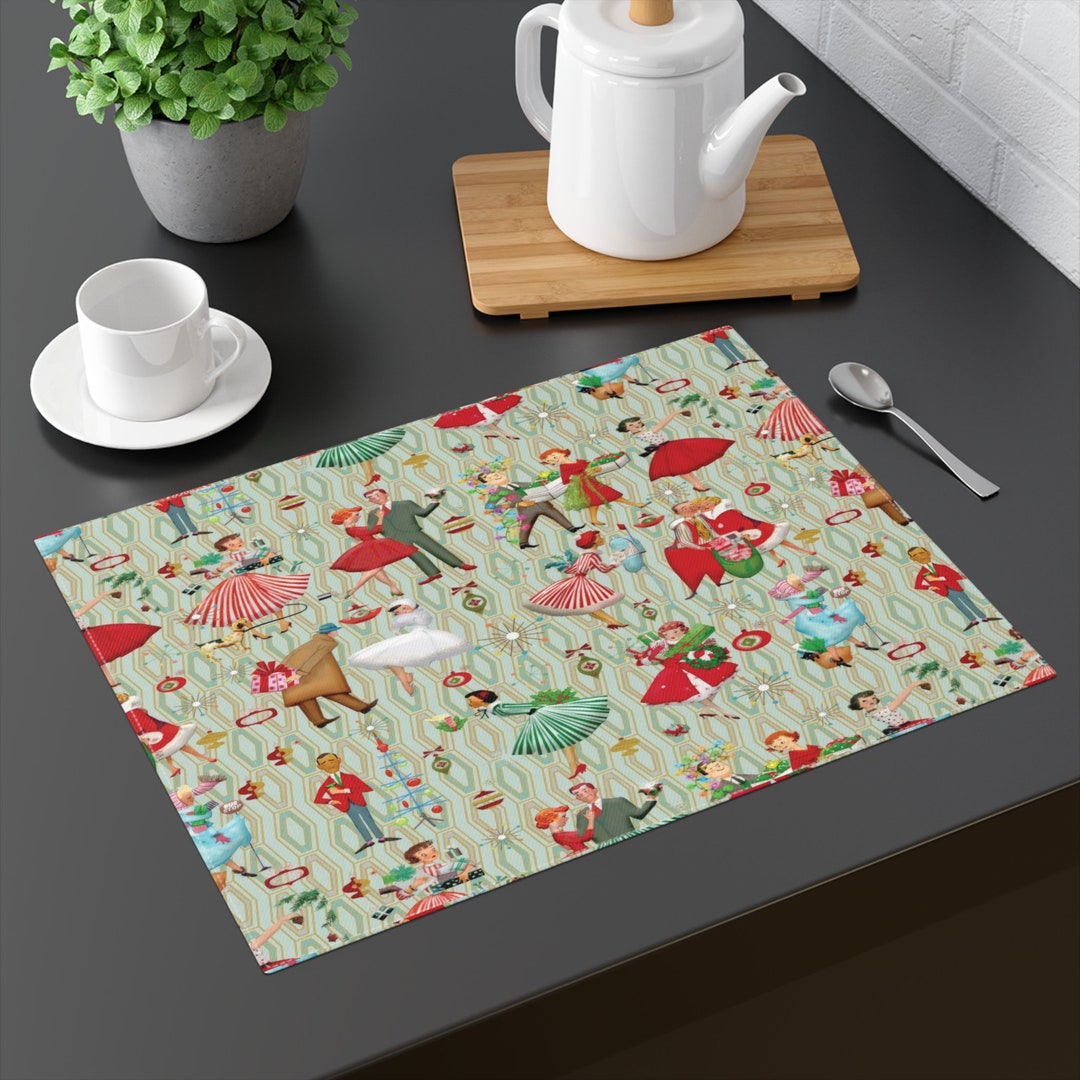 1950s Retro Vintage Christmas Placemats, Mid Century Modern Green & Red, Ladies Holiday Table
