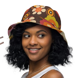 Retro Groovy Hippie Boho Flower Power Reversible Bucket Hat, Women&#39;s Panama Bucket Hat, Gifts for Her