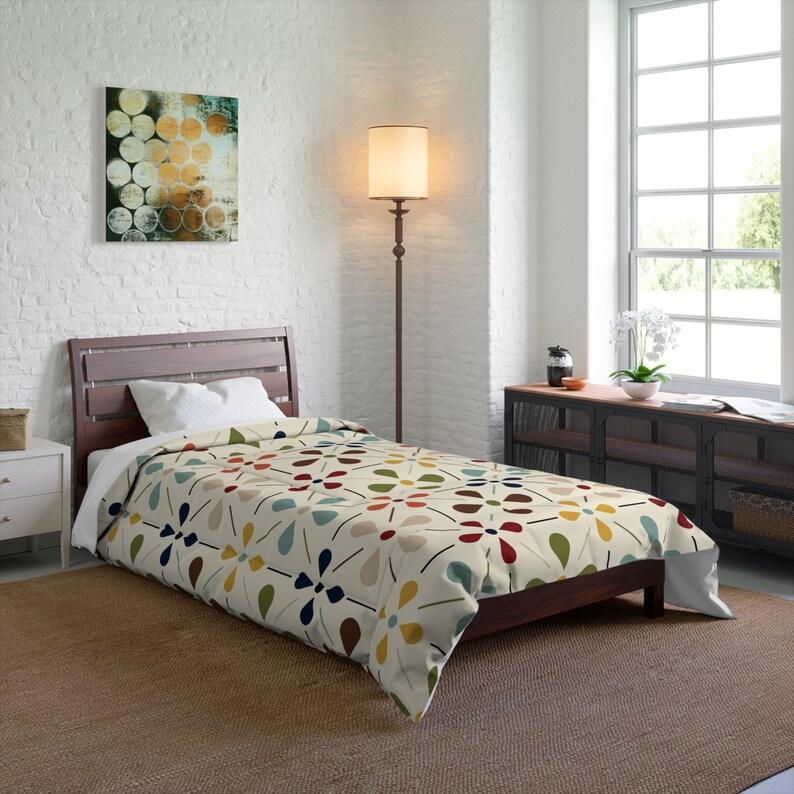 MCM Floral Comforter, Minimalist Scandinavian Modern Danish Retro Whimsical Blooms Bedding image 5