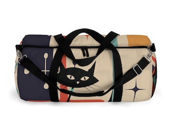 Retro Atomic Kitschy Cat Duffel Bag, Mid Century Modern Workout, Gym, Yoga Gear for Fitness Enthusiasts, Versatile Storage, Travel Adventure