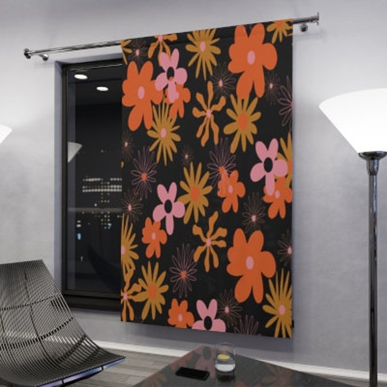 70s Display Window Retro 60s 70s Hippie Floral Window Curtain, Mid Century Modern Orange ...