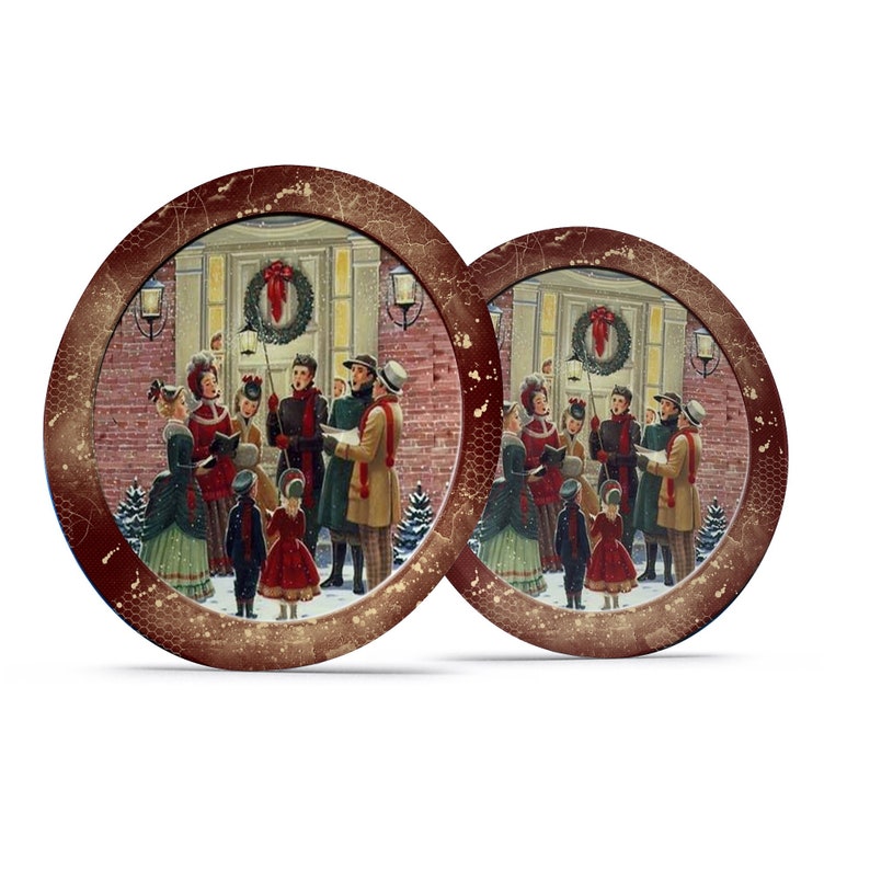 May include: Two round, brown, wooden coasters with a distressed finish. Each coaster features a vintage illustration of a group of people singing Christmas carols in front of a house.