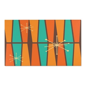 Dywan Atomic Area z lat 50. w stylu Mid Century Modern, retro vintage, spalony pomarańczowy, turkusowy, beżowy, musztardowo-żółty, geometryczny abstrakcyjny dywan akcentowy, dywan MCM 36" × 24"