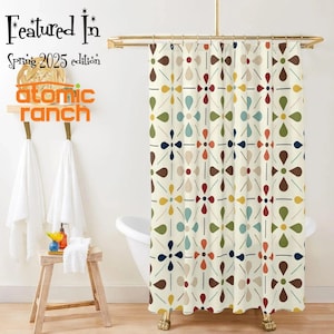 Mid Century Modern Retro Geometric Shower Curtain, 50s MCM Cream, Teal, Mustard, and Rust Bath Decor