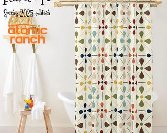 Mid Century Modern Retro Geometric Shower Curtain, 50s MCM Cream, Teal, Mustard, and Rust Bath Decor