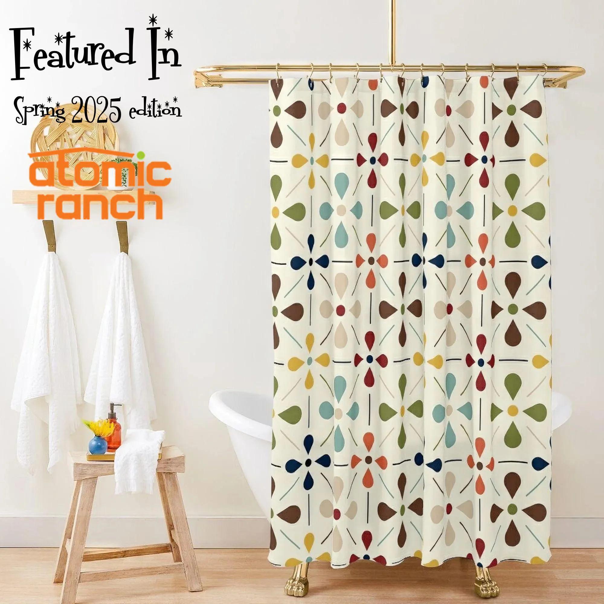 Mid Century Modern Retro Geometric Shower Curtain, 50s MCM Cream, Teal, Mustard, and Rust Bath Decor