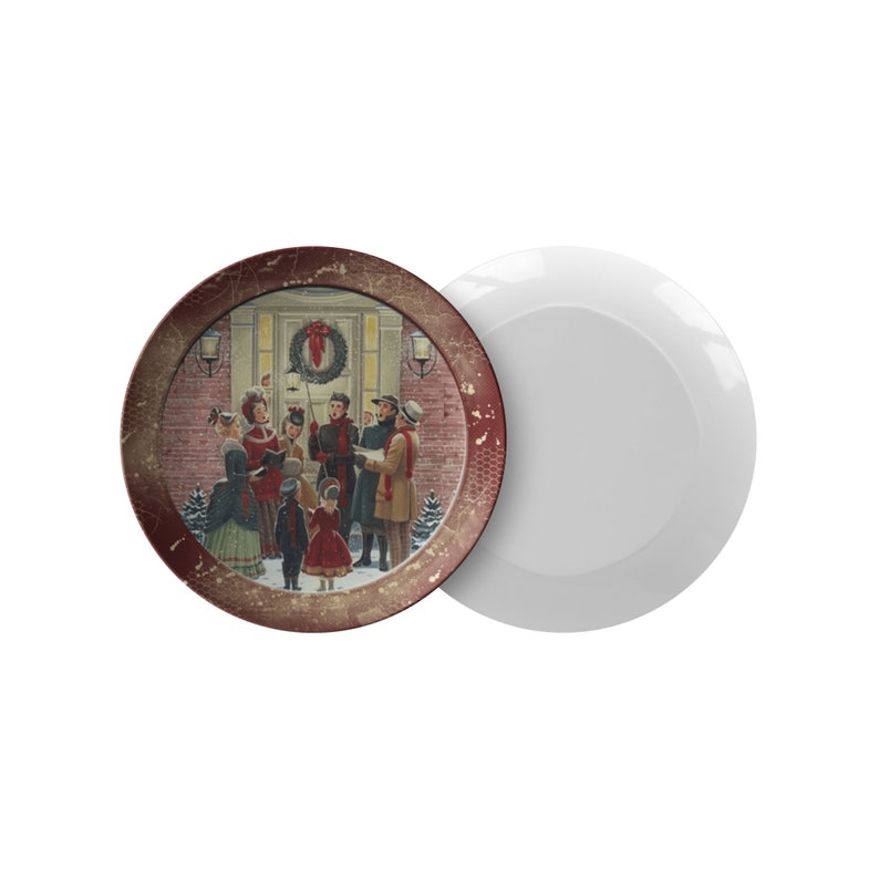 May include: A red and gold Christmas plate with a vintage illustration of carolers singing in front of a house with a wreath on the door.