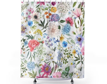 Shower Curtains in Watercolor Spring Florals, Custom Designed Floral Bath Curtains, Floral Shower Curtains, Botanical Modern Bathroom Decor