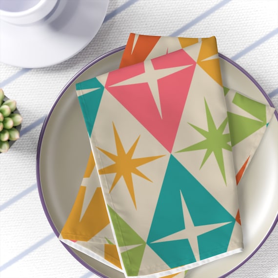 Set of 4 Retro Vintage Cloth Napkins, 50s Mid Century Modern Diamond Starbursts, Teal, Pink, Burnt Orange, Mustard Yellow, Lime MCM Colors