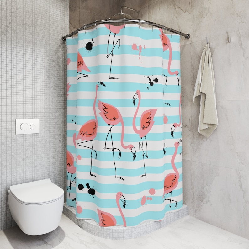 Tende da doccia con fenicotteri rosa, tende da bagno con arte dell’acquerello, uccello fenicottero tropicale, arredo bagno blu acqua, rosa, casa sulla spiaggia immagine 2