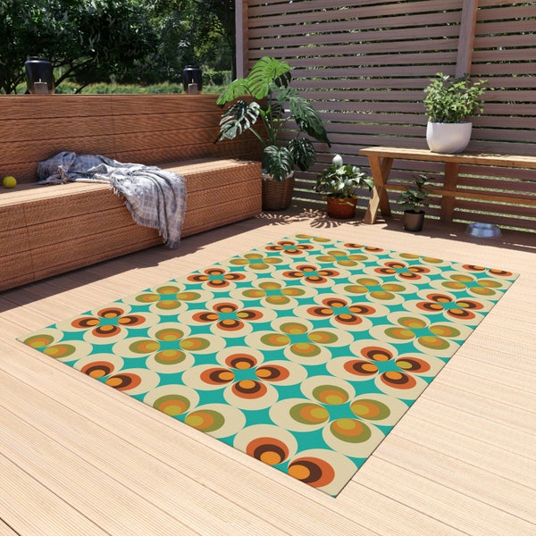 70s Retro Chic Mid Mod Daisy Indoor - Outdoor Rug in Burnt Orange, Aqua, Lime Green and Beige, Mid Century Modern Patio Rug, MCM Porch Rug