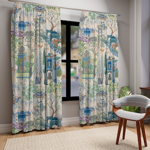 Cortinas de ventana de estilo francés vintage Toile de Jouy, estampado floral azul y verde, escena campestre asiática tradicional, revestimientos de ventanas de estilo rústico y elegante