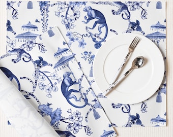 Chinoiserie Botanical Toile Placemats, Set of 4, Floral Blue and White Chinoiserie Jungle Table Linen, Farmhouse Decor